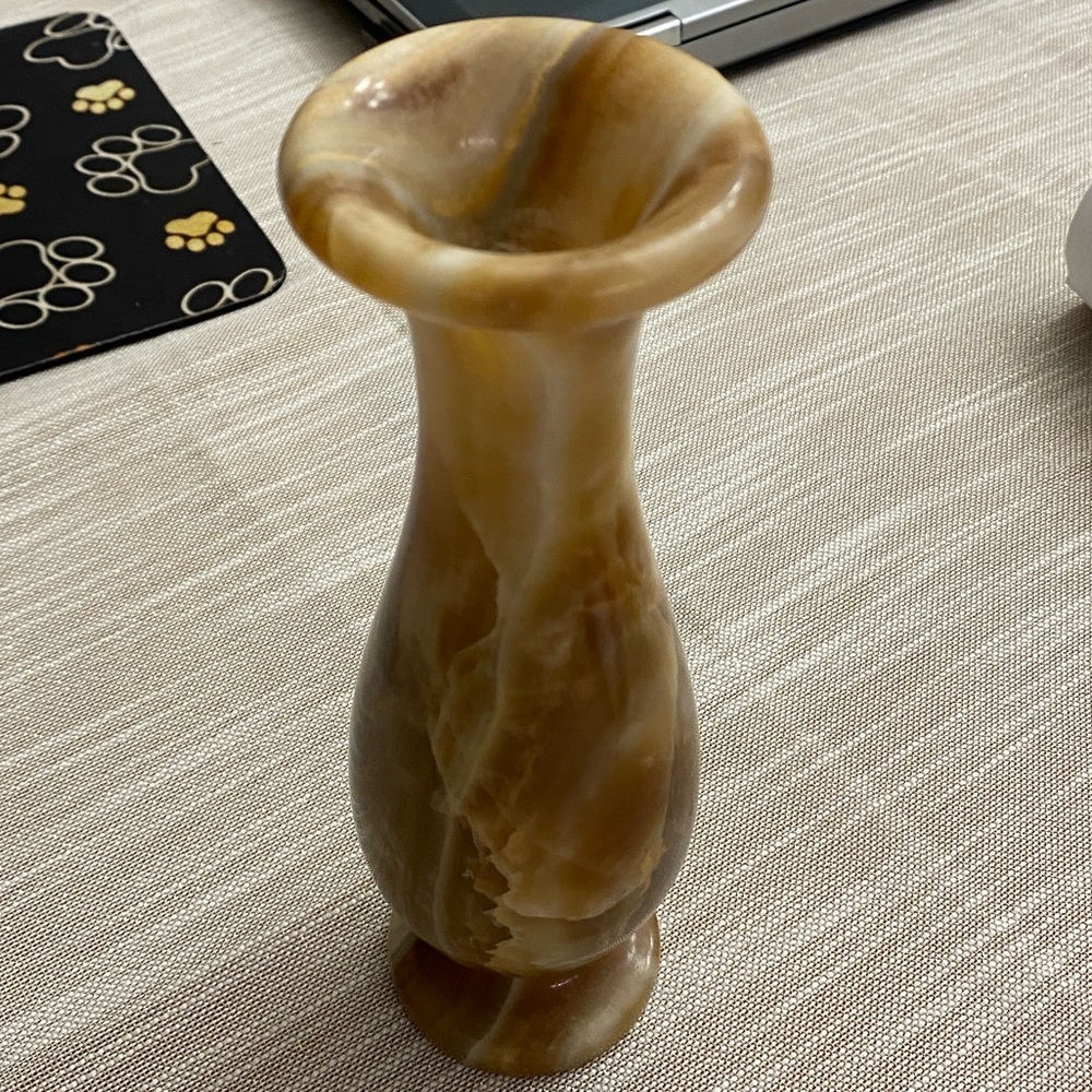 Vintage Carved Marbled Flower Vase Brown, and Beige Swirled Colors 8" Tall